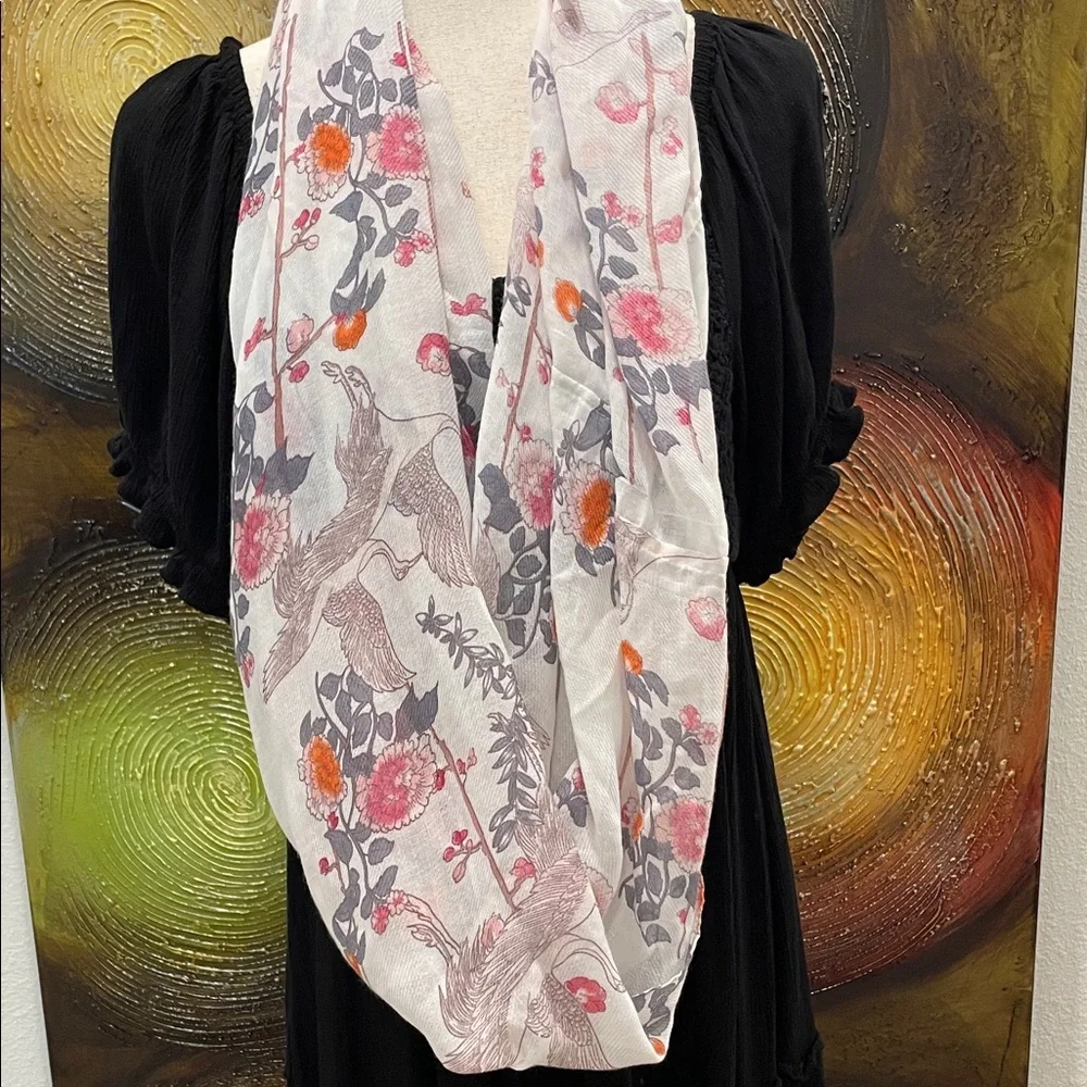 H&M Floral & Birds Scarf - White, Gray, Pink, and Orange